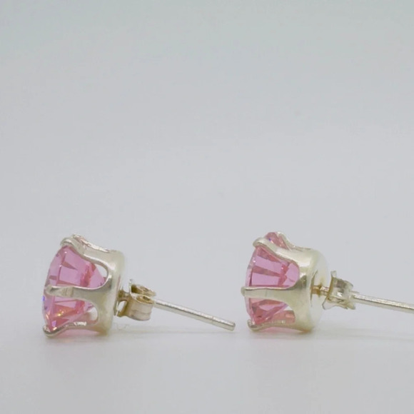 New Pink Round CZ Silver Stud Earrings - Picture 4 of 6